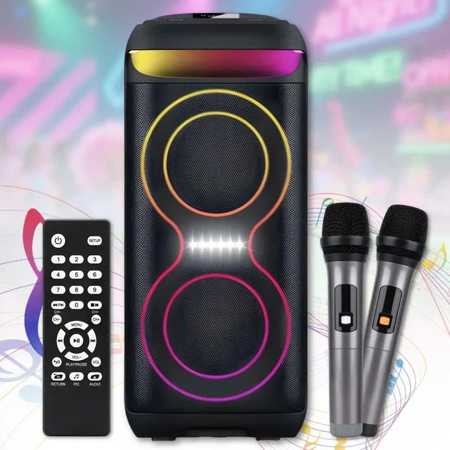 Портативная Bluetooth колонка 2х6.5" с 2 беспроводными микрофонами и LED подсветкой ZXX-5505 40W - изображение 2