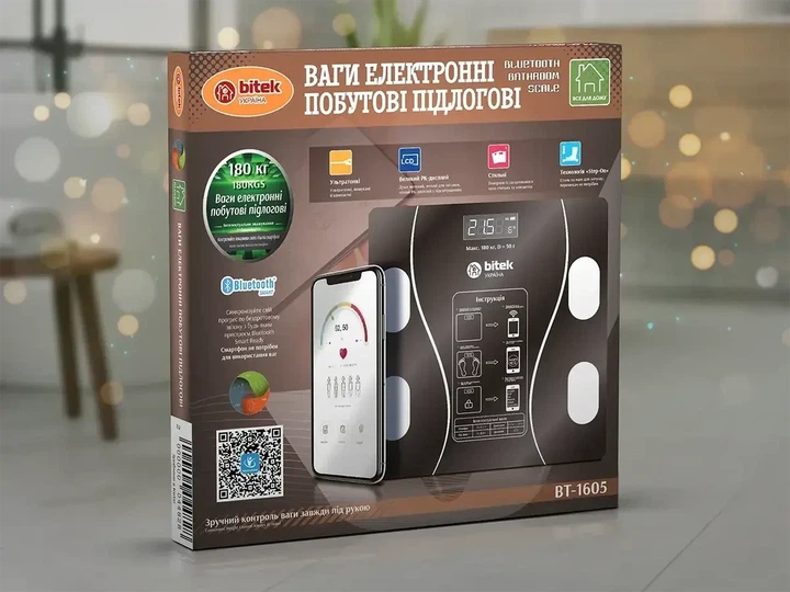 Весы электронные бытовые напольные 180кг стеклянные квадратные LED экран App BITEK BT-1605 - Фото 3 Весы электронные бытовые напольные 180кг стеклянные квадратные LED экран App BITEK BT-1605 - изображение 3