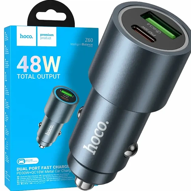 Автомобільний зарядний пристрій 48W з USB та Type-C LED індикатор чорний HOCO Z60 - Фото 1 Автомобільний зарядний пристрій 48W з USB та Type-C LED індикатор чорний HOCO Z60 - зображення 1