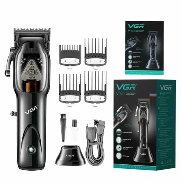 Аккумуляторная машинка для стрижки волос VGR V653 10 Вт 250 г USB керамические и титановые лезвия 4 насадки черный - изображение 6