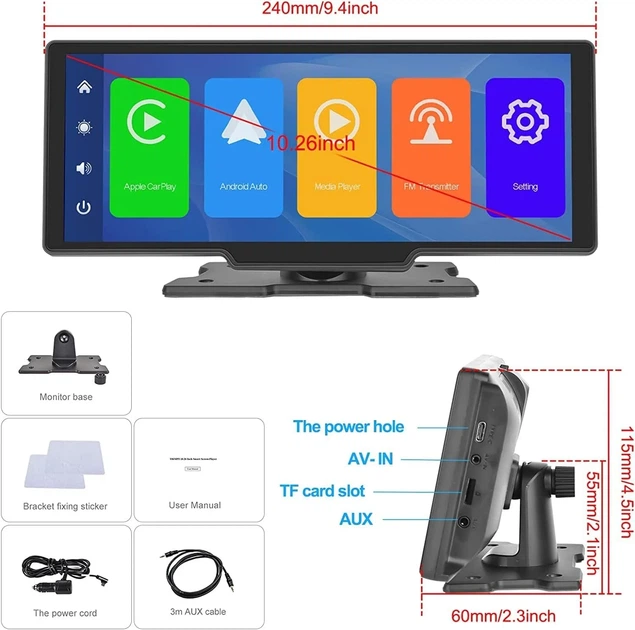 Автомагнітола CAMECHO A3247 / 10.26" / Сенсорна / Apple CarPlay / Android Auto / Bluetooth / WI-FI / FM / USB / AUX / TF slot b5 - Б/В - зображення 9