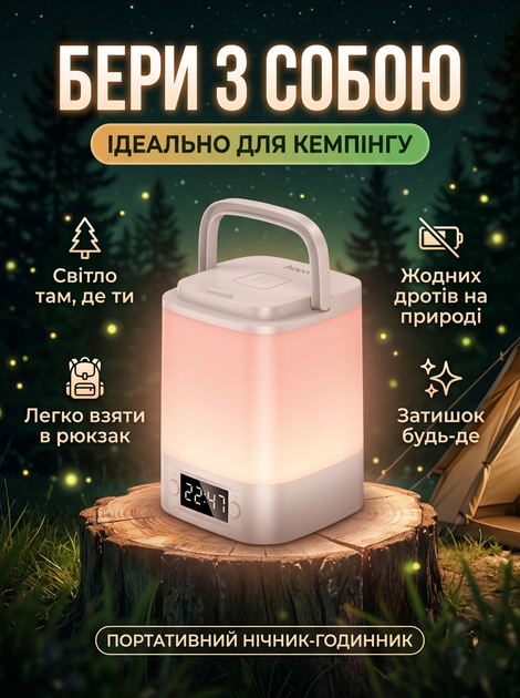 Портативный светодиодный ночник-часы Hoco HX15 с аккумулятором 12ООmAh Настольный LED светильник 3 режима освещения White - изображение 3