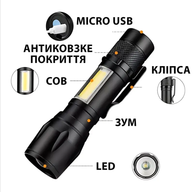 Ліхтар ручний акумуляторний BL 513 з USB зарядкою ZOOM і боковим COB світлом - Фото 2 Ліхтар ручний акумуляторний BL 513 з USB зарядкою ZOOM і боковим COB світлом - зображення 2