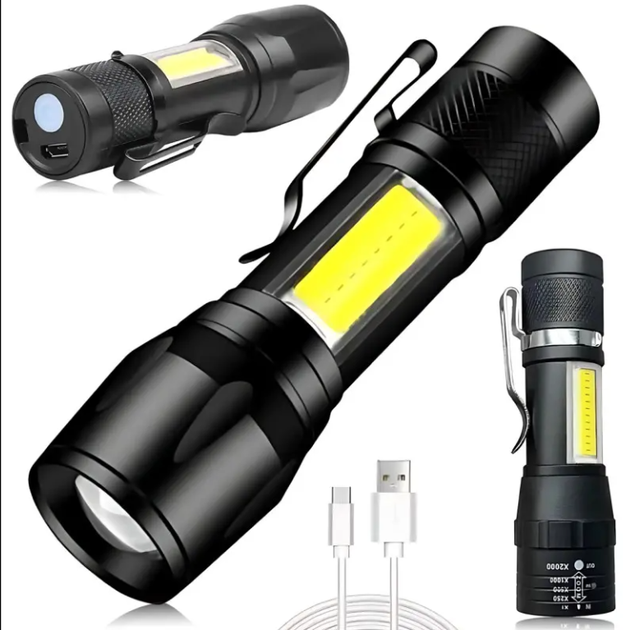 Ліхтар ручний акумуляторний BL 513 з USB зарядкою ZOOM і боковим COB світлом - Фото 5 Ліхтар ручний акумуляторний BL 513 з USB зарядкою ZOOM і боковим COB світлом - зображення 5