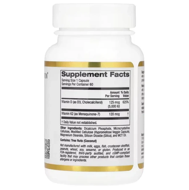 Витамин D-3 5000 + K2 California Gold Nutrition Vitamin D3 + K2 60caps - изображение 2