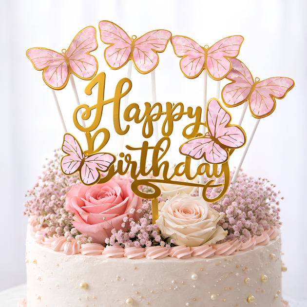 Топпер для торта Happy Birthday С Розовыми Бабочками Золотой Акрил - Фото 1 Топпер для торта Happy Birthday С Розовыми Бабочками Золотой Акрил - изображение 1