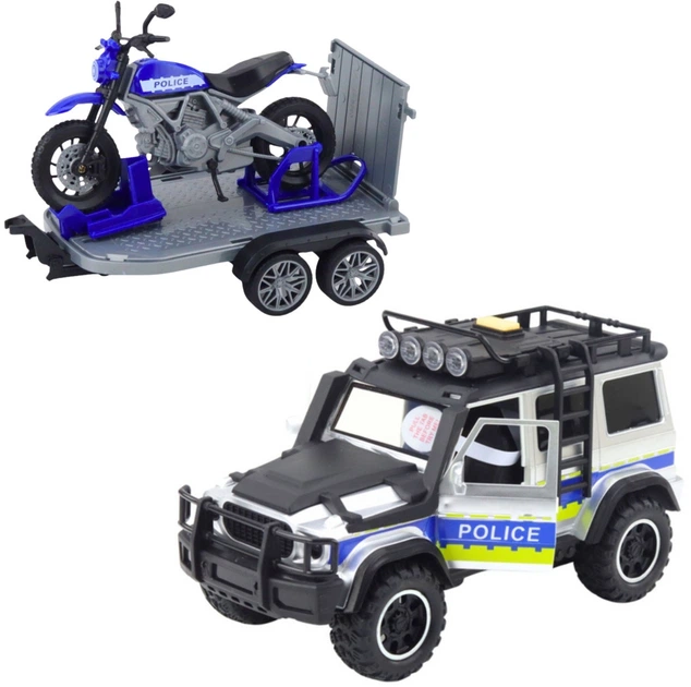 Zestaw Woopie samochód terenowy policyjny z przyczepą na motocykl z efektami świetlnymi i dźwiękowymi 1:18 Czarno-niebieski 57253 (5906280657253) - obraz 3