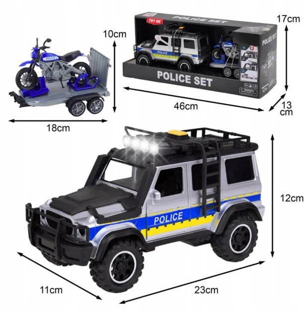 Zestaw Woopie samochód terenowy policyjny z przyczepą na motocykl z efektami świetlnymi i dźwiękowymi 1:18 Czarno-niebieski 57253 (5906280657253) - obraz 5