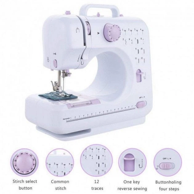 Портативна електрична швейна машинка Sewing Machine 505/1250, 12 програм строчок, реверс, підсвічування, педаль, автоматичне намотування нитки, компактна та легка - изображение 5