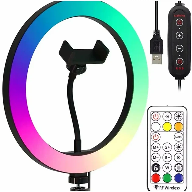 Кільцева LED-лампа 26 см RGB з живленням від USB і пультом дистанційного керування для блогера LJJ-26 - Фото 1 Кільцева LED-лампа 26 см RGB з живленням від USB і пультом дистанційного керування для блогера LJJ-26 - зображення 1