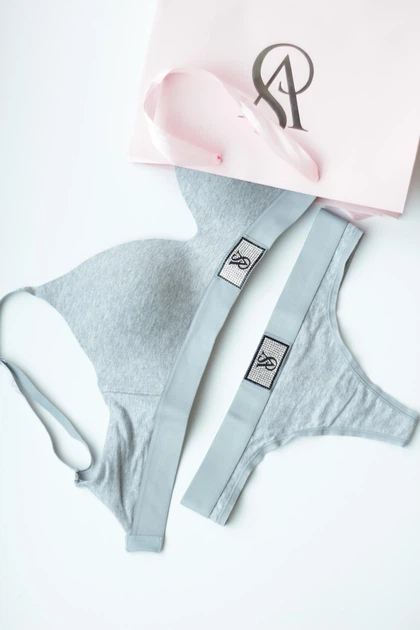 Комплект белья Victoria's Secret Cotton Lightly Lined Wireless Bra Shine Patch Grey Set 34C-S - изображение 2