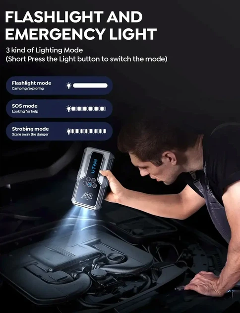 Пусковий автомобільний пристрій Jump Starter UTRAI Jstar 9 1500 А 15000 мАг компресор 150 PSI чорний пластиковий корпус - зображення 7