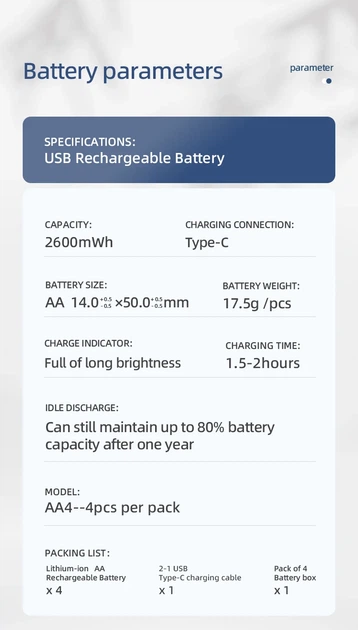 Акумуляторна батарейка AA CLDP Li-Ion 1.5V 2600mWh Type-C USB 4 шт - Фото 6 Акумуляторна батарейка AA CLDP Li-Ion 1.5V 2600mWh Type-C USB 4 шт - зображення 6