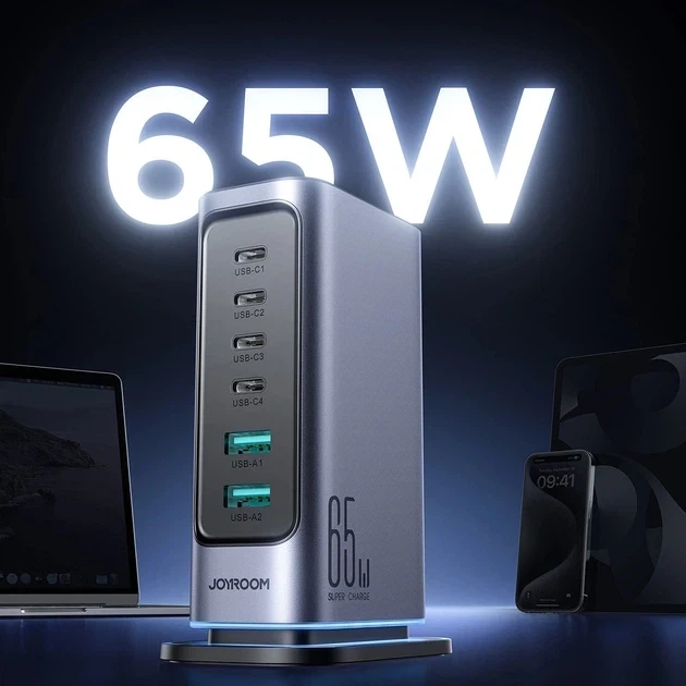 Настільний зарядний пристрій JOYROOM JR-TCM02 GaN 65 Вт EU 4 x USB-C + 2 x USB-A Black-Grey - зображення 3