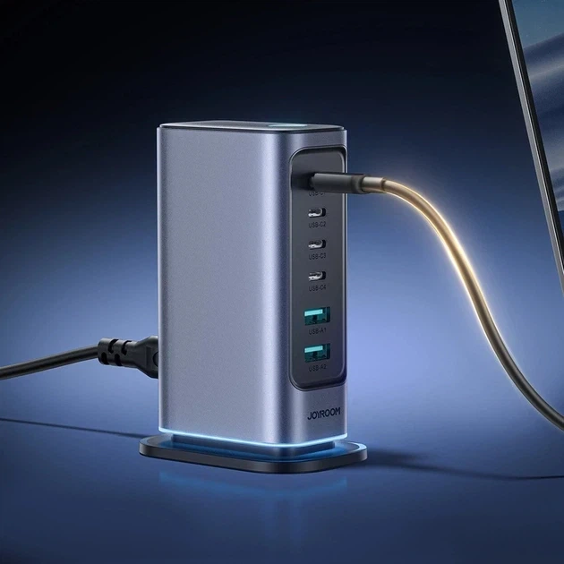 Настільний зарядний пристрій JOYROOM JR-TCM02 GaN 65 Вт EU 4 x USB-C + 2 x USB-A Black-Grey - зображення 7
