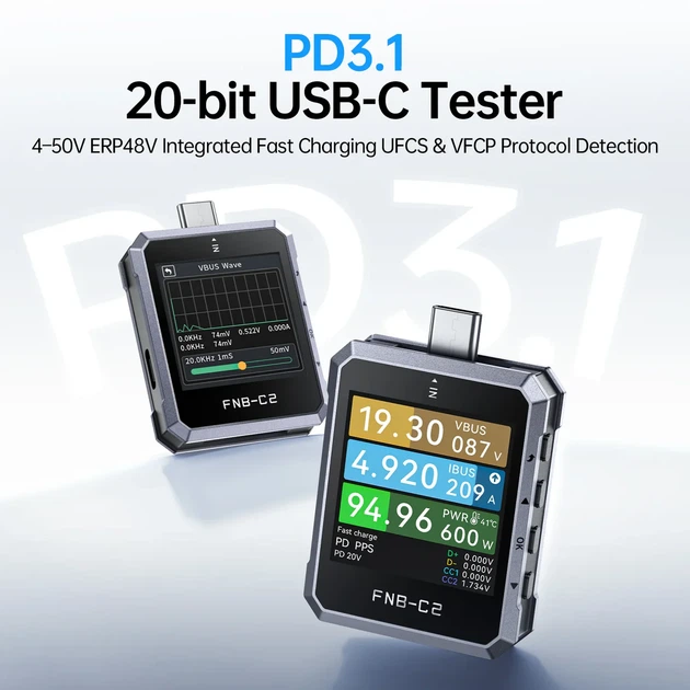 USB тестер Fnirsi FNB-C2, Type-C PD3.1, тестер кабелів E-marker чіп - зображення 3