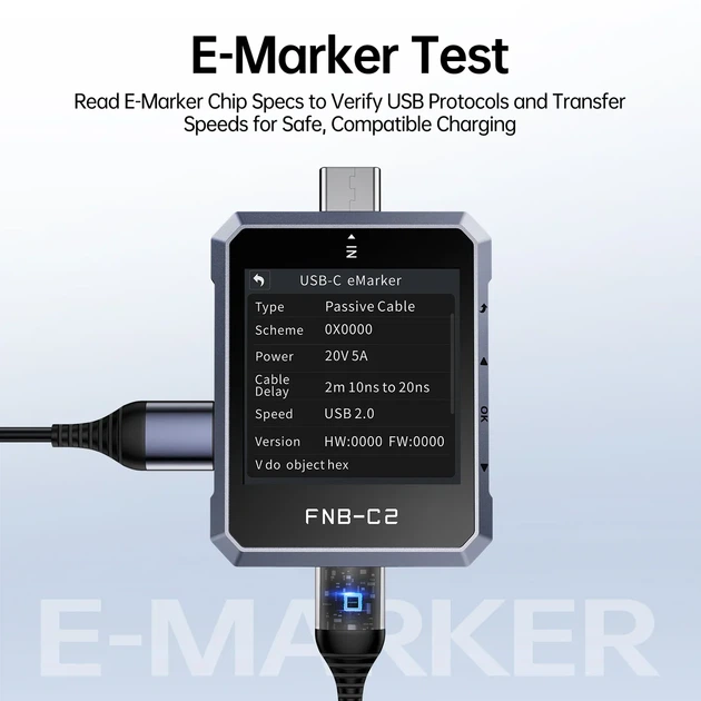 USB тестер Fnirsi FNB-C2, Type-C PD3.1, тестер кабелів E-marker чіп - зображення 8