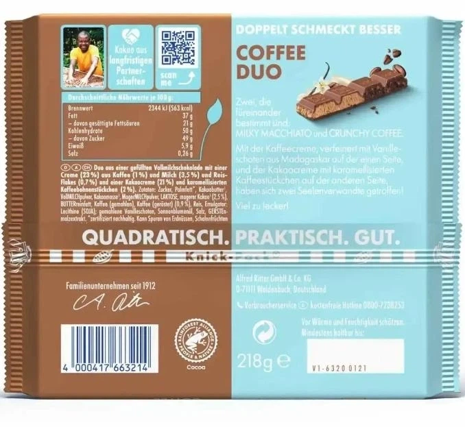Молочный шоколад Ritter Sport Coffee Duo Milky Macchiato & Crunchy Coffee с кофейным кремом и кофейными зернами 218 г - Фото 2 Молочный шоколад Ritter Sport Coffee Duo Milky Macchiato & Crunchy Coffee с кофейным кремом и кофейными зернами 218 г - изображение 2