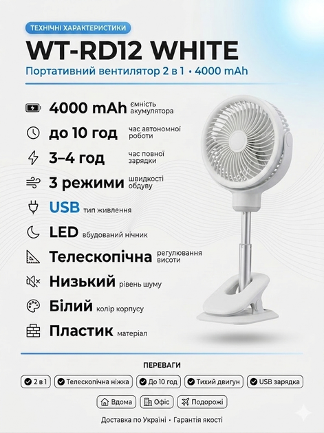 Портативный мини вентилятор настольный телескопический 2 в 1 с ночником WT-RD12 White аккумулятор 4000mAh USB зарядка 3 скорости бесшумный складной для дома офиса путешествий отключения электроэнергии - изображение 4