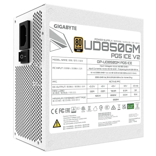 Блок питания 850 Вт, Gigabyte UD850GM PG5 V2, White (GP-UD850GM PG5 ICE) - Фото 6 Блок питания 850 Вт, Gigabyte UD850GM PG5 V2, White (GP-UD850GM PG5 ICE) - изображение 6