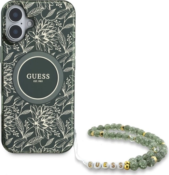 Панель Guess IML Flowers Allover Electro With Pearl Strap MagSafe для Apple iPhone 16 Plus Green (GUHMP16MHCPOFPA) - зображення 2