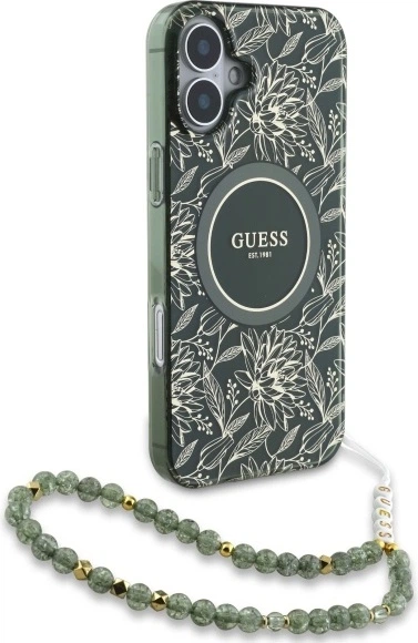 Панель Guess IML Flowers Allover Electro With Pearl Strap MagSafe для Apple iPhone 16 Plus Green (GUHMP16MHCPOFPA) - зображення 3