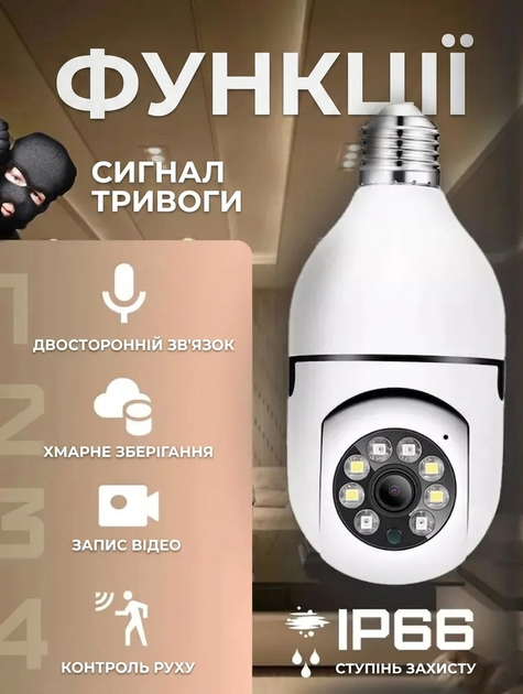 Камера лампочка з цоколем в патрон панорамна Wi-Fi камера поворотна день ніч бездротова - изображение 4