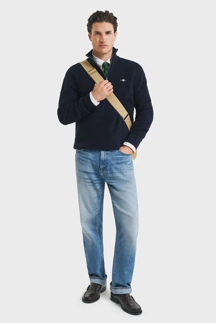 Чоловіча темно-синя кофта COTTON MERINO RIBBED HALF ZIP Gant M 8050265 - изображение 2