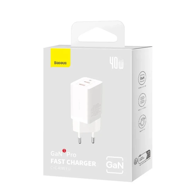 Мережевий зарядний пристрій Baseus GaN5 Pro 40W, USB-C + USB-A, PD швидка зарядка, компактний GaN адаптер для смартфонів, планшетів і ноутбуків, білий - Фото 2 Мережевий зарядний пристрій Baseus GaN5 Pro 40W, USB-C + USB-A, PD швидка зарядка, компактний GaN адаптер для смартфонів, планшетів і ноутбуків, білий - зображення 2