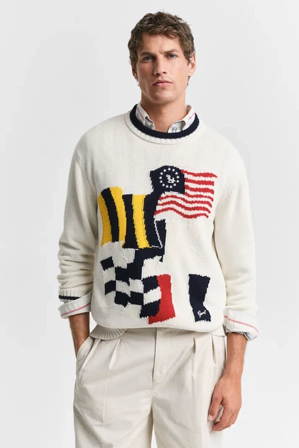 Чоловічий білий светр FLAG INTARSIA COTTON C-NECK Gant L 8040220 - Фото 1 Чоловічий білий светр FLAG INTARSIA COTTON C-NECK Gant L 8040220 - изображение 1