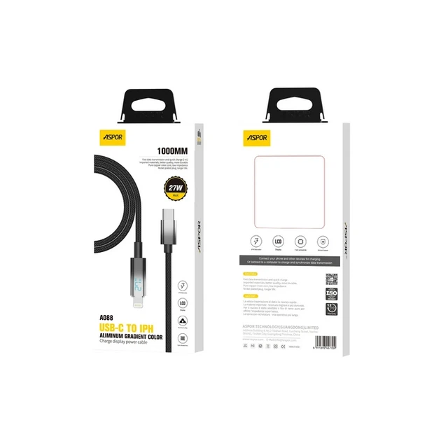 Кабель Aspor A088 Nylon Cable Wattage Display Type-C - Lightning 27W/1м- чорний - Фото 3 Кабель Aspor A088 Nylon Cable Wattage Display Type-C - Lightning 27W/1м- чорний - зображення 3