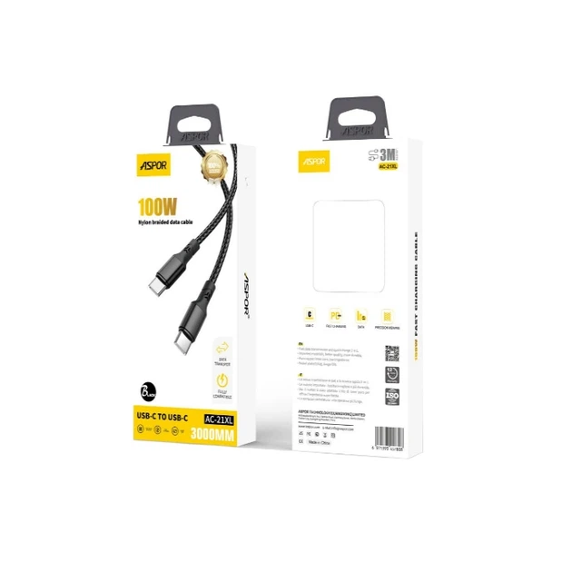 Кабель Aspor AC-21XL Nylon Cable Type-C - Type-C 100W/3м- чорний - зображення 2