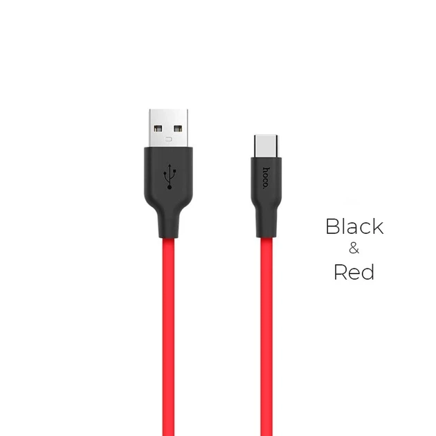 Кабель HOCO X21 USB to Type-C 2A, 1m, silicone, TPE connectors, Black+Red - Фото 1 Кабель HOCO X21 USB to Type-C 2A, 1m, silicone, TPE connectors, Black+Red - зображення 1