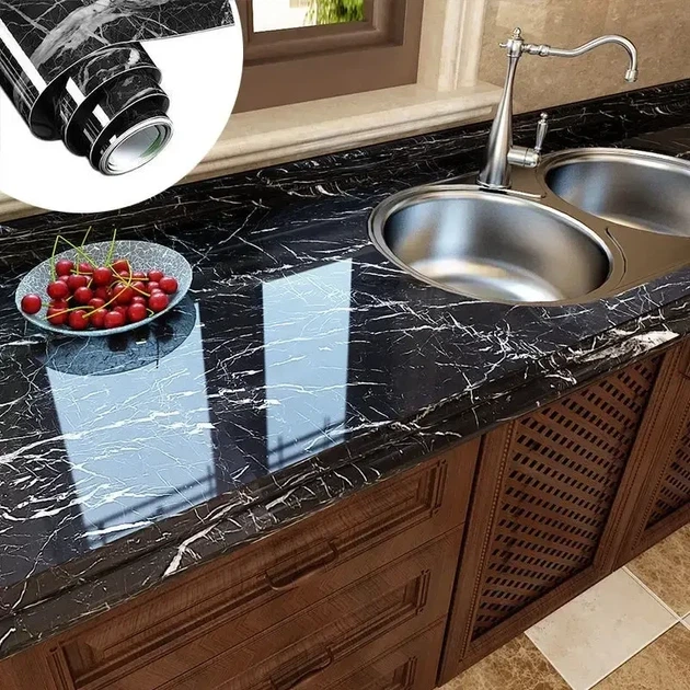 Самоклеящаяся Пленка 5м Черная Мрамор для Кухни Kitchen Sticker Мраморная Наклейка 3м на 60см - изображение 3