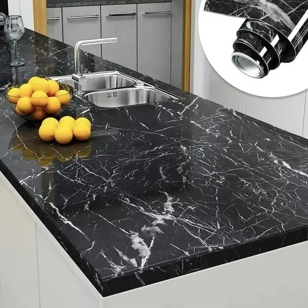 Самоклеящаяся Пленка 5м Черная Мрамор для Кухни Kitchen Sticker Мраморная Наклейка 3м на 60см - изображение 5