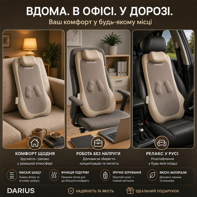 Массажная подушка Darius DRS-310C для шеи и спины с подогревом, роликовый массажер для плеч и поясницы - изображение 6