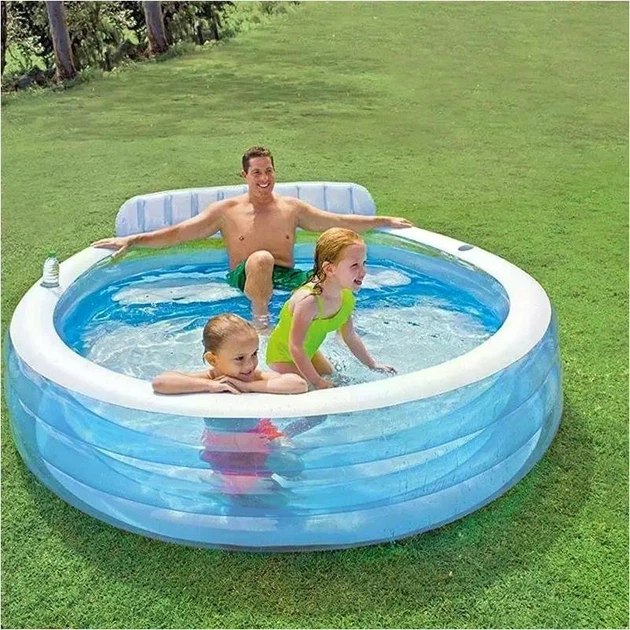 Детский надувной бассейн Intex 57190 Семейный 224×216×76 см со спинкой голубой 590 л - изображение 9