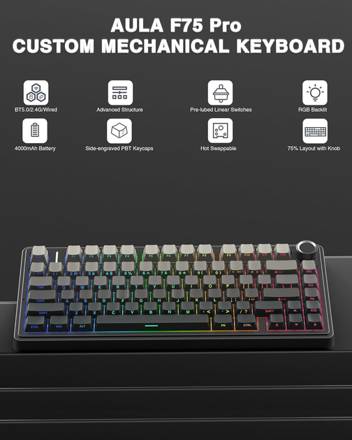 Бездротова механічна клавіатура AULA F75 Black RGB — 75%, Hot-Swap, Bluetooth/2.4GHz/Type-C, Gasket Mount, Бічне гравіювання - зображення 4