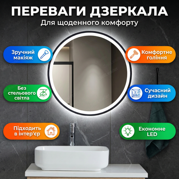 Зеркало LED Black 70x70 см с подсветкой для ванной комнаты прихожей макияжа квадратное SQ70 220 В - Фото 2 Зеркало LED Black 70x70 см с подсветкой для ванной комнаты прихожей макияжа квадратное SQ70 220 В - изображение 2