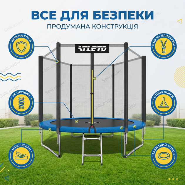 Батут детский с сеткой Atleto 183см игровой круглый уличный 36 пружин для детей двора дачи до 50кг синий - изображение 2