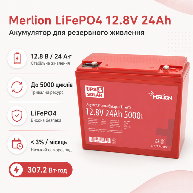 Акумуляторна батарея Merlion LiFePO4 12.8В 24А•год LiFePo4 заряд 24А Червоний - зображення 2