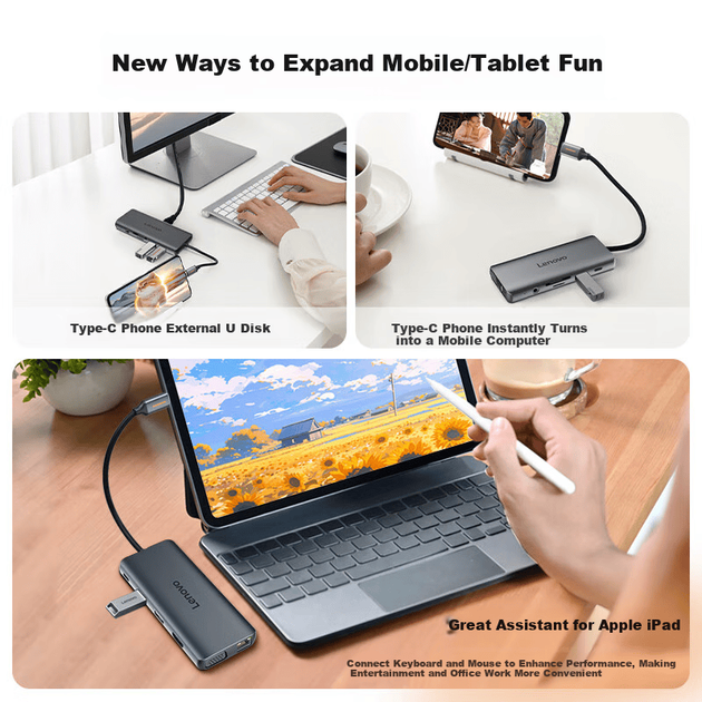 Док-станция Lenovo Type-C, USB-C кардридер, HDMI-адаптер для зеркального отображения экрана 4K60 Гц, адаптер для гигабитного Ethernet-порта, удлинительный кабель-разветвитель, многопортовый USB-конвертер - Фото 4 Док-станция Lenovo Type-C, USB-C кардридер, HDMI-адаптер для зеркального отображения экрана 4K60 Гц, адаптер для гигабитного Ethernet-порта, удлинительный кабель-разветвитель, многопортовый USB-конвертер - изображение 4