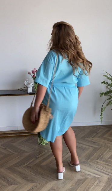 Літня лляна жіноча сукня сорочка великих розмірів повсякденна на ґудзиках із поясом 52/54, Блакитний - зображення 7