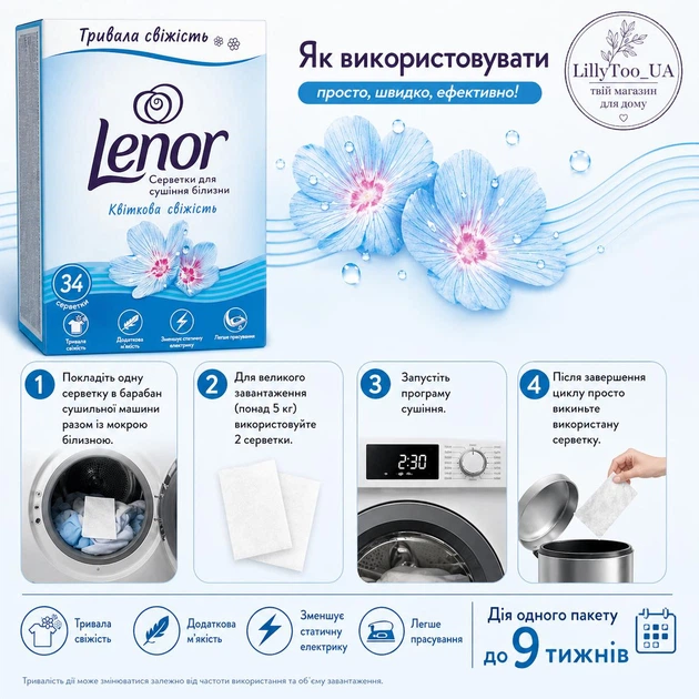 Ароматизовані серветки для білизни, рушників в сушарці Lenor Aprilfrisch Trocknertücher 34 шт - зображення 5