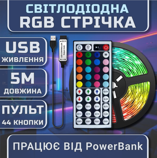 Світлодіодна RGB стрічка комплект 5м з пультом на 44 кнопки, 30 світлодіодів на метр, USB 5V - зображення 7