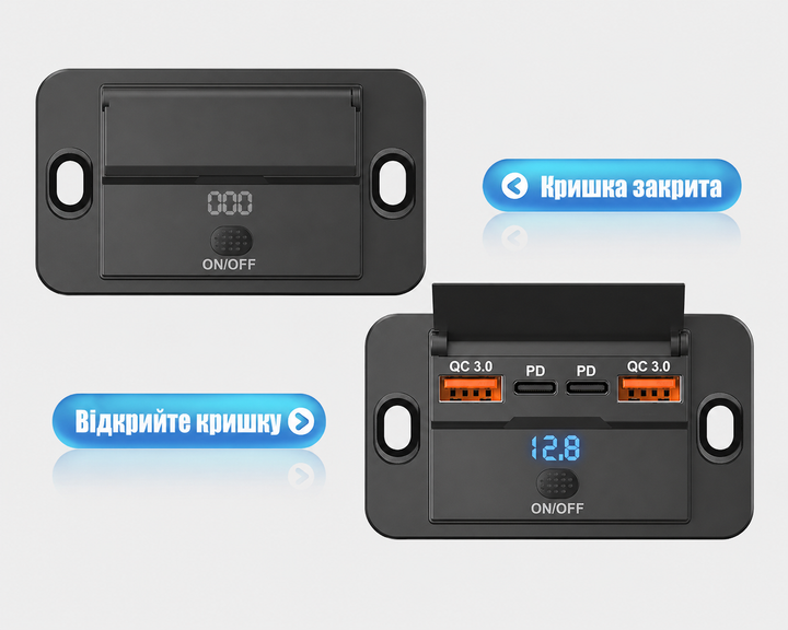 Панельный USB зарядный модуль 12 24 V 4 порта 2 Type C PD 2 USB QC 3.0 с вольтметром и выключателем - изображение 6