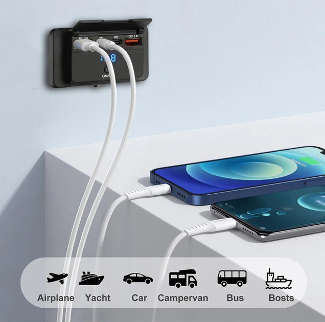 Панельный USB зарядный модуль 12 24 V 4 порта 2 Type C PD 2 USB QC 3.0 с вольтметром и выключателем - изображение 7