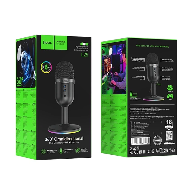 Настольный конденсаторный микрофон Hoco L25 Bright USB с RGB подсветкой Черный - Фото 5 Настольный конденсаторный микрофон Hoco L25 Bright USB с RGB подсветкой Черный - изображение 5