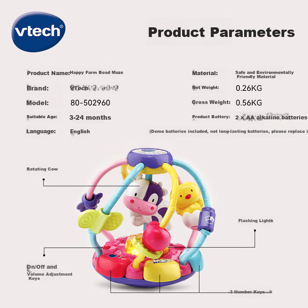 Детская игрушка VTech, «Счастливая ферма», лабиринт из бусин, мячик для захвата ручкой, плетение из бусин, световые и звуковые эффекты, музыка, успокаивающее действие, подарок для новорожденного. - Фото 5 Детская игрушка VTech, «Счастливая ферма», лабиринт из бусин, мячик для захвата ручкой, плетение из бусин, световые и звуковые эффекты, музыка, успокаивающее действие, подарок для новорожденного. - изображение 5