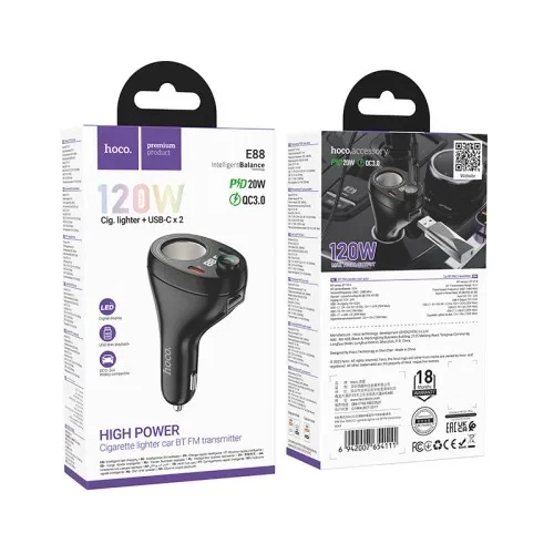АЗП/ФМ Модулятор HOCO E88 Star 35W(2C) cigarette lighter car BT FM transmitter Black - изображение 2